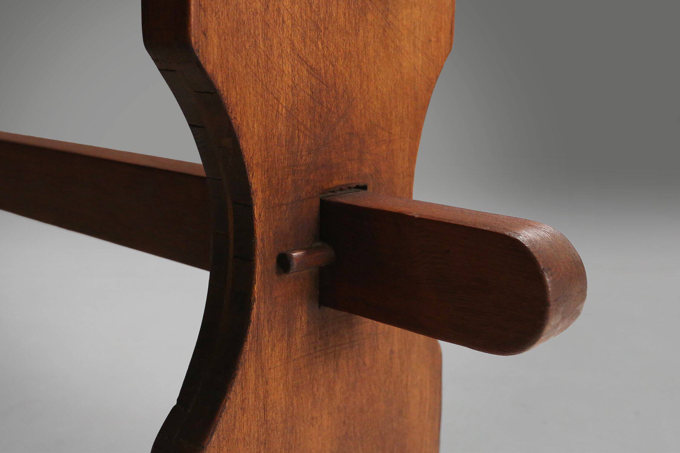 Rustic Art Deco Wooden Bench with Blue Top, France, 1930s