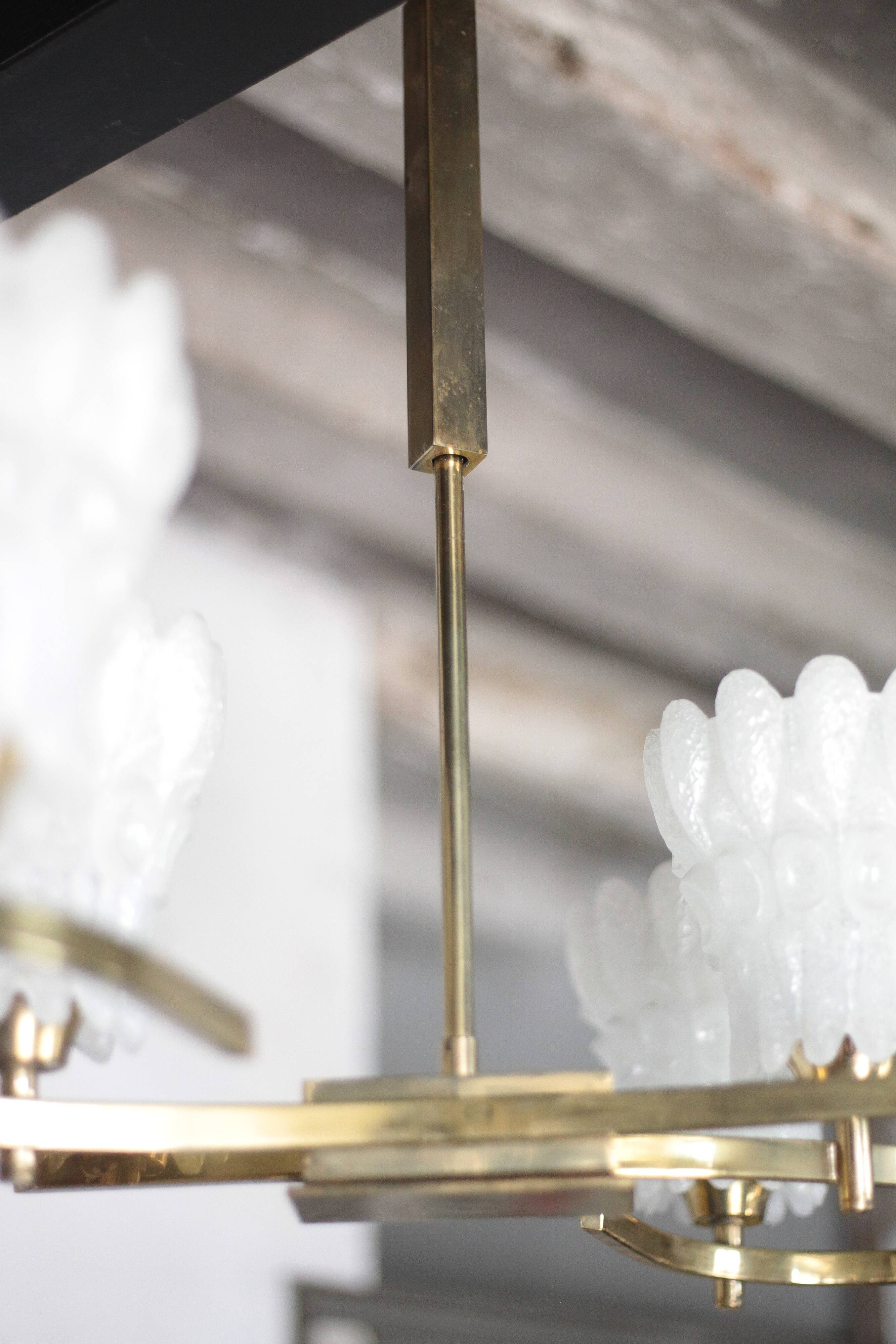 Vintage brass suspension with thick milk glass globe, brass chandelier.
