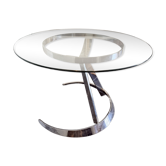 Grande table ronde attribuée à Boris Tabacoff, verre et acier chromé, année
