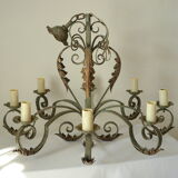 8-branch wrought iron chandelier with gray-green patina and antique gilding