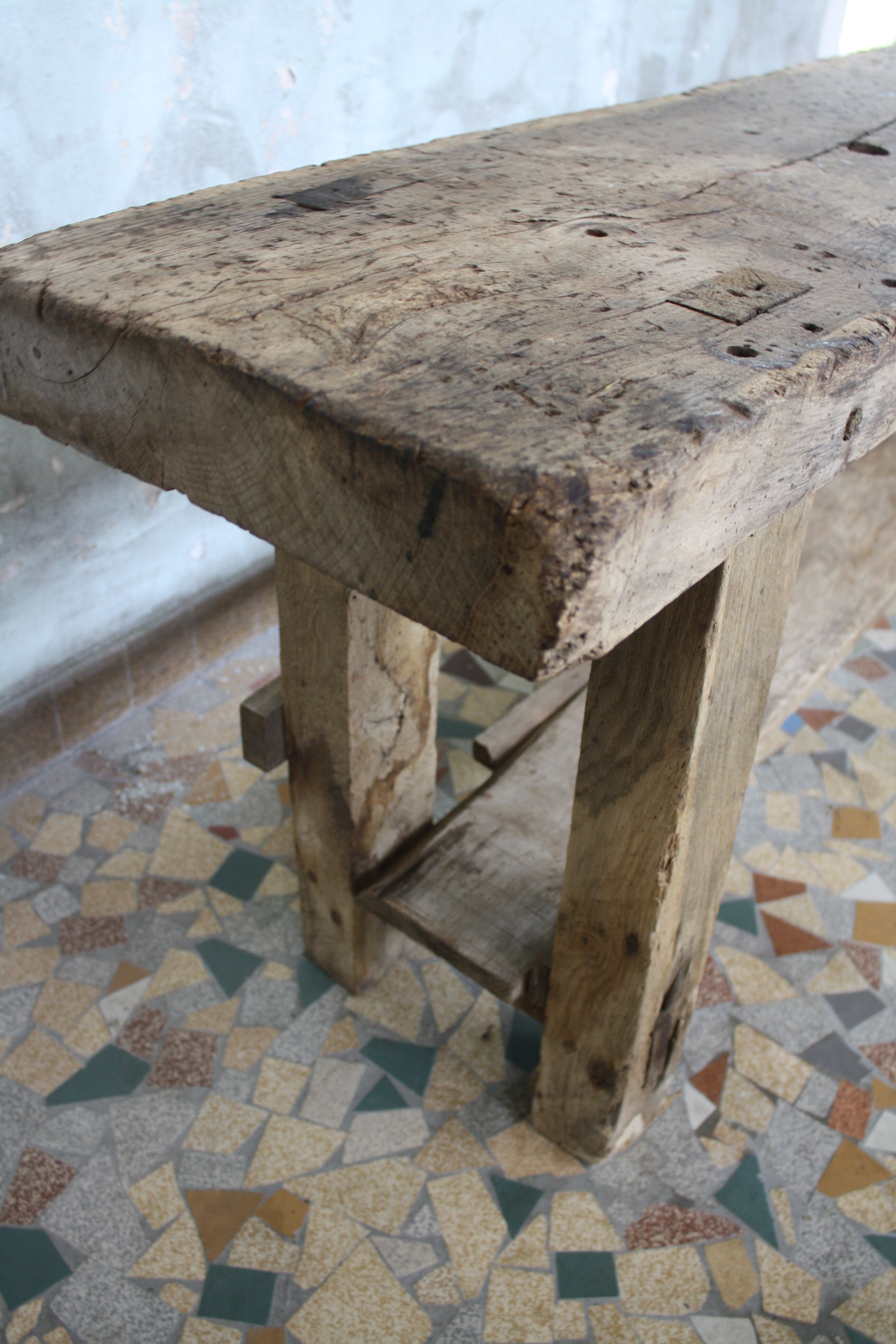 Ancient workbench in raw wood