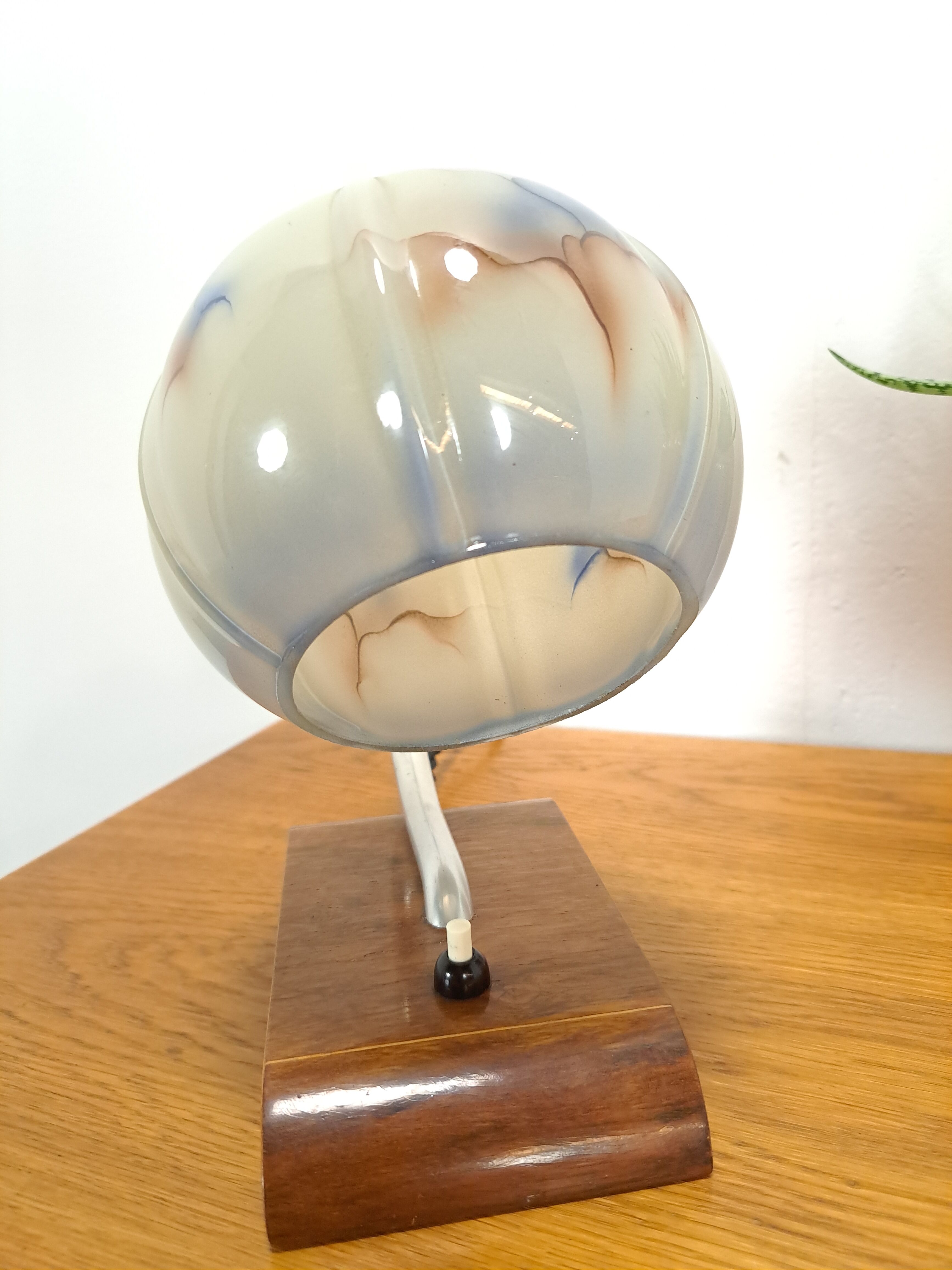 Table lamp with wooden base and glass shade with blue details vintage