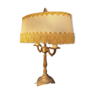 Lampe bouillote néo-classique 1960 laiton et abat-jour à franges