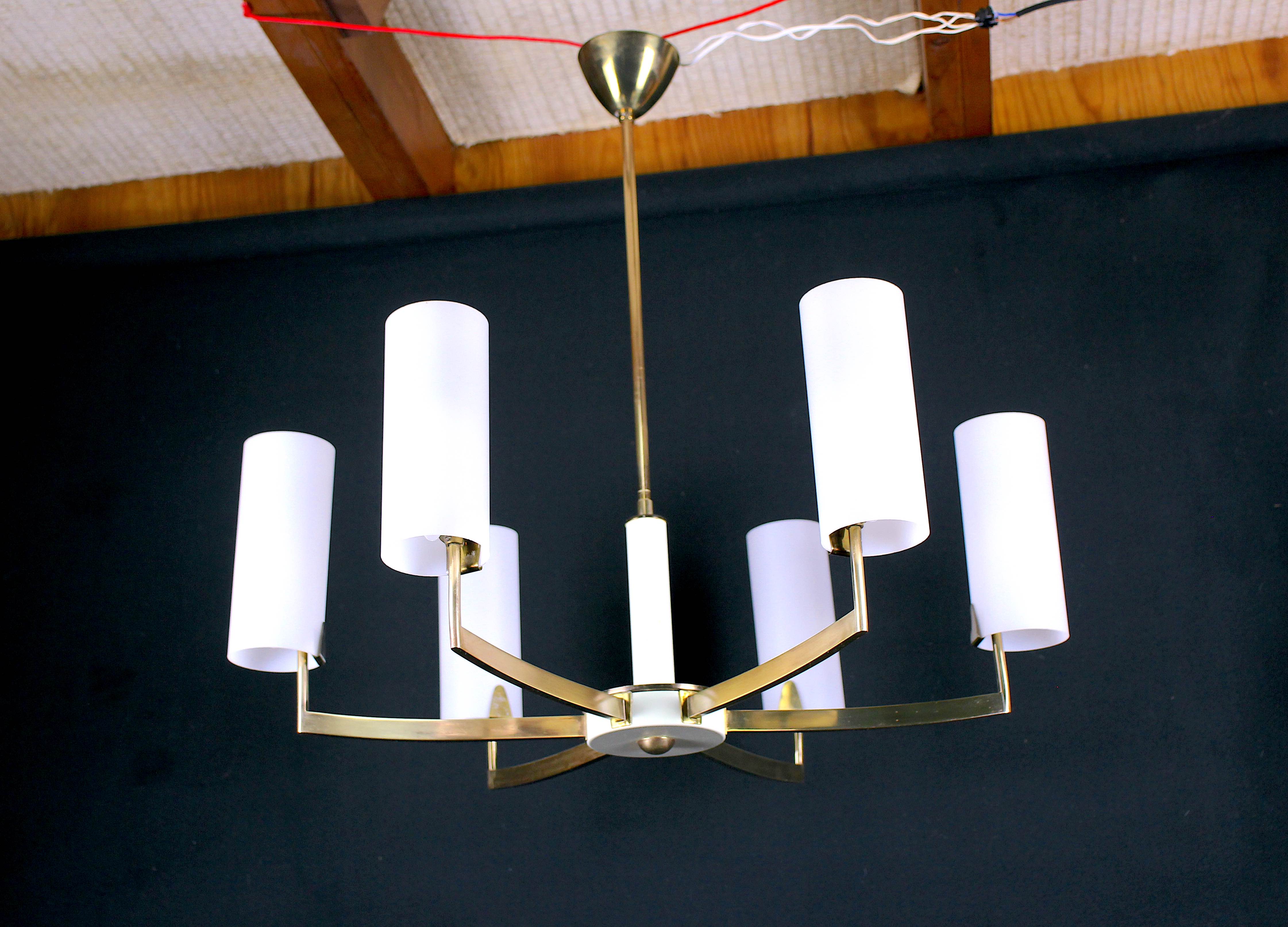 Brass and white chandelier, six opalines, Italy
