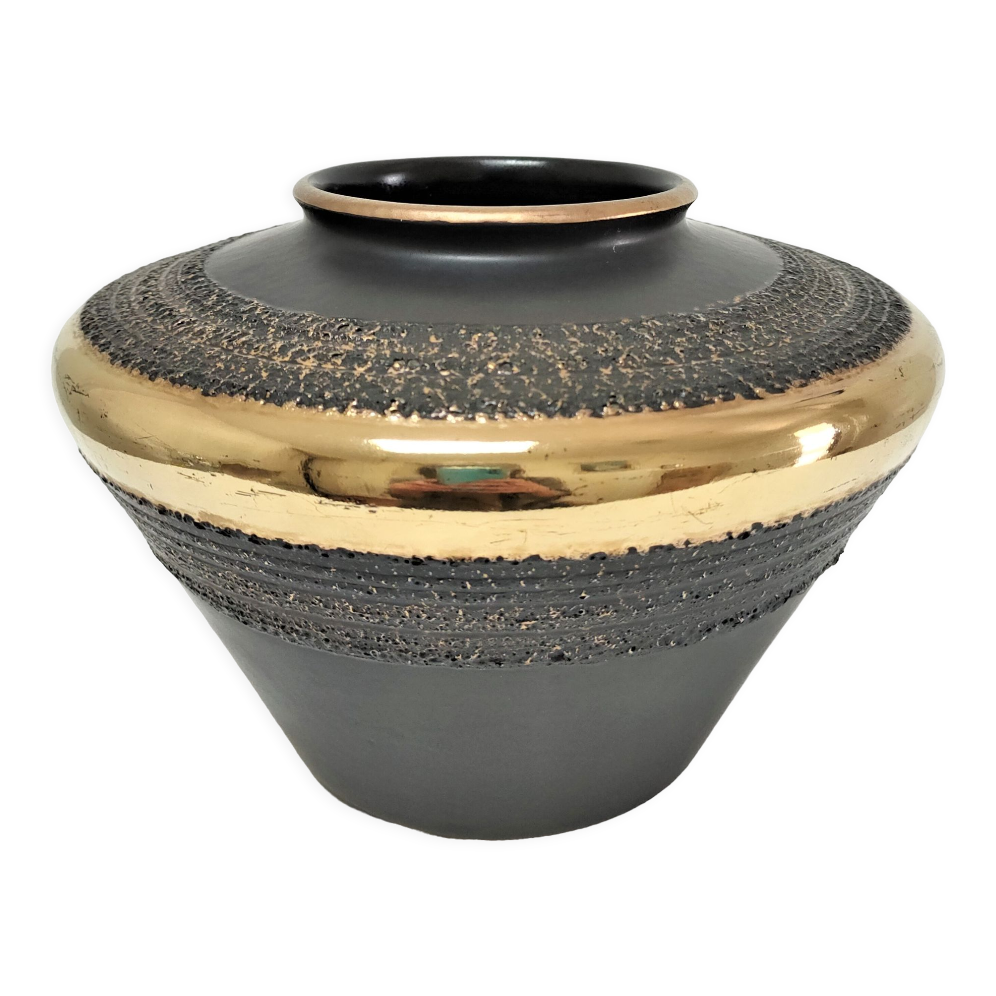 Black and gold ceramic vase west germany vintage design