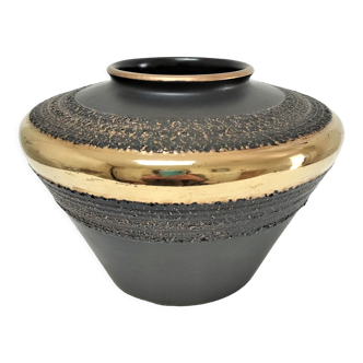 Black and gold ceramic vase west germany vintage design