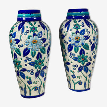 Pair of ceramic vases with flower decoration, Charles Catteau