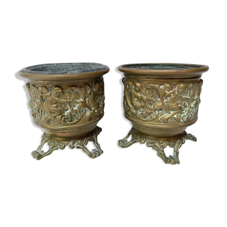 Pair of caches pots in brass repelled nineteenth century