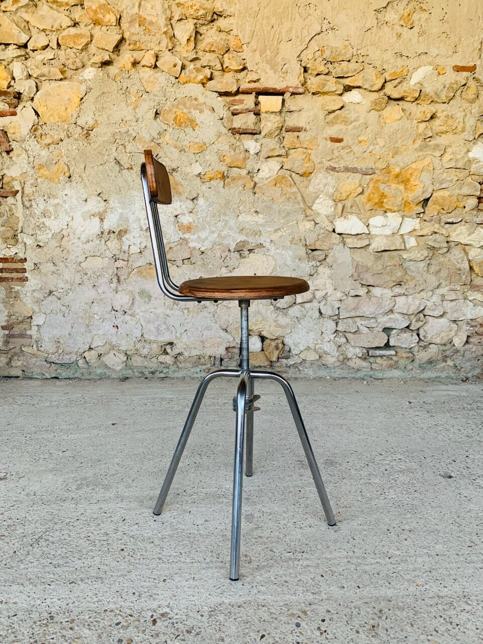 Vintage industrial metal and wood stool with adjustable swivel seat, 1960's