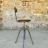 Vintage industrial metal and wood stool with adjustable swivel seat, 1960's