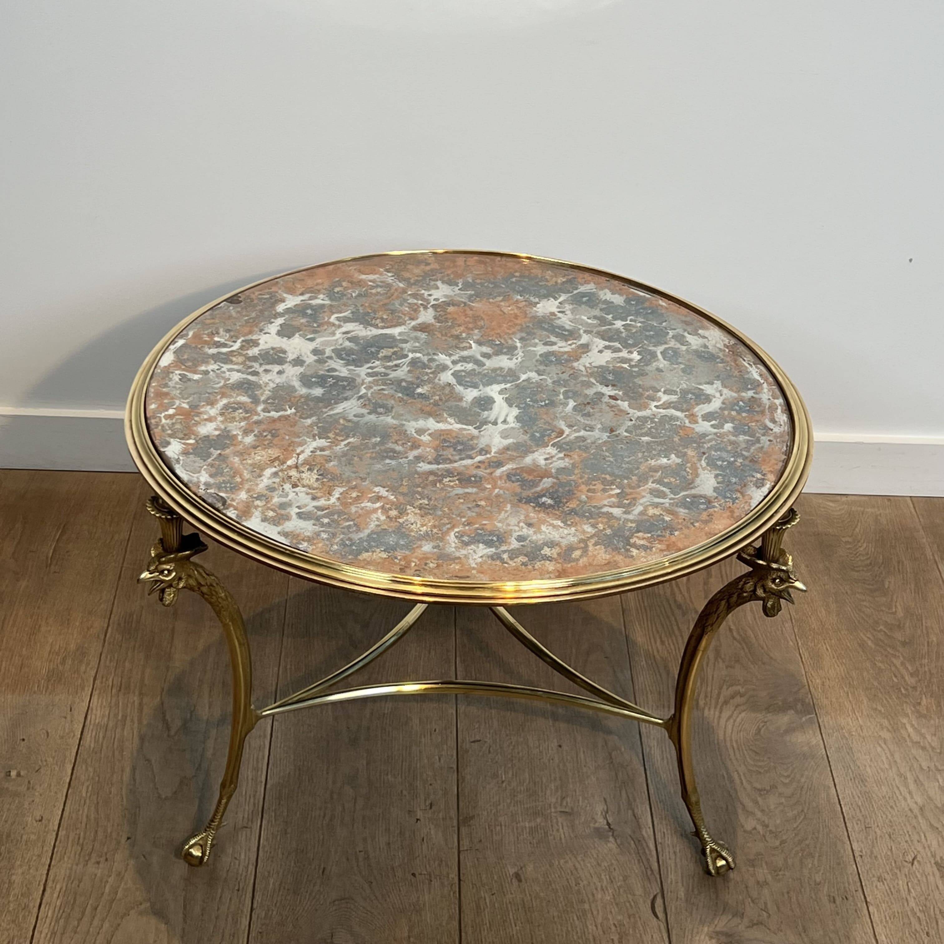 Tripod Circular Coffee Table "Aux Coqs" in Bronze and Églomisé Mirror, May