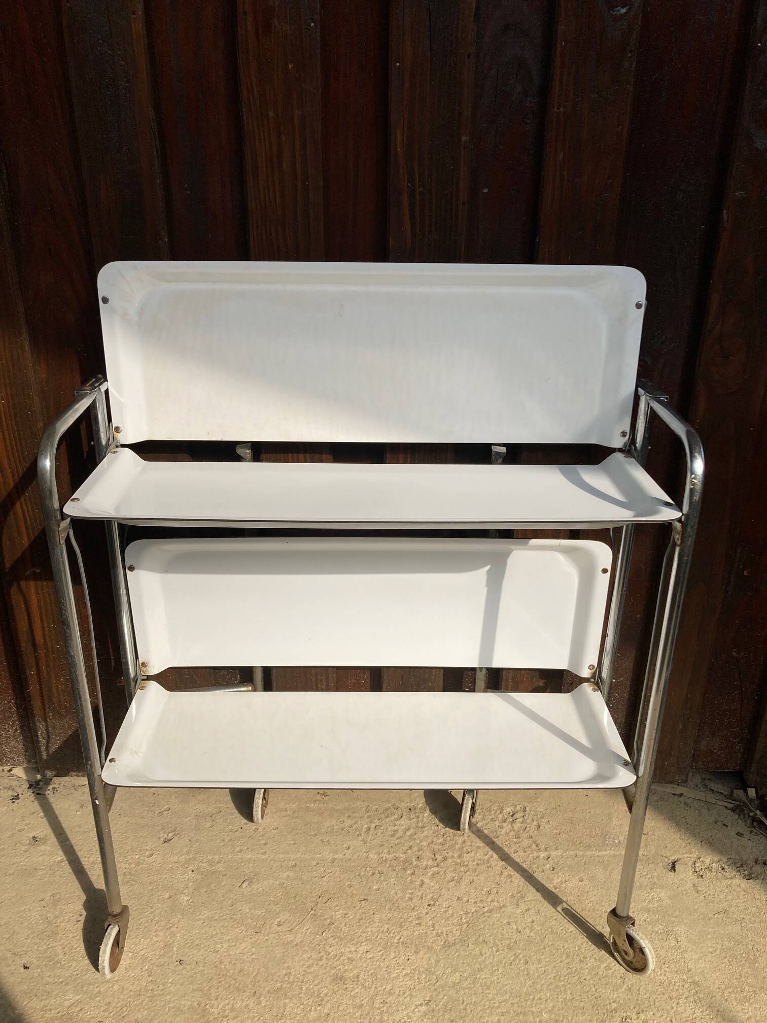 Vintage serving trolley, white folding table, 70s design, vintage.