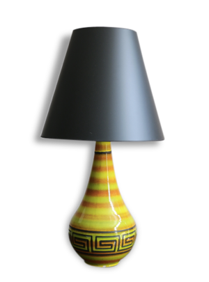 lampe en céramique verte avec de fines rayures oranges. Années 70