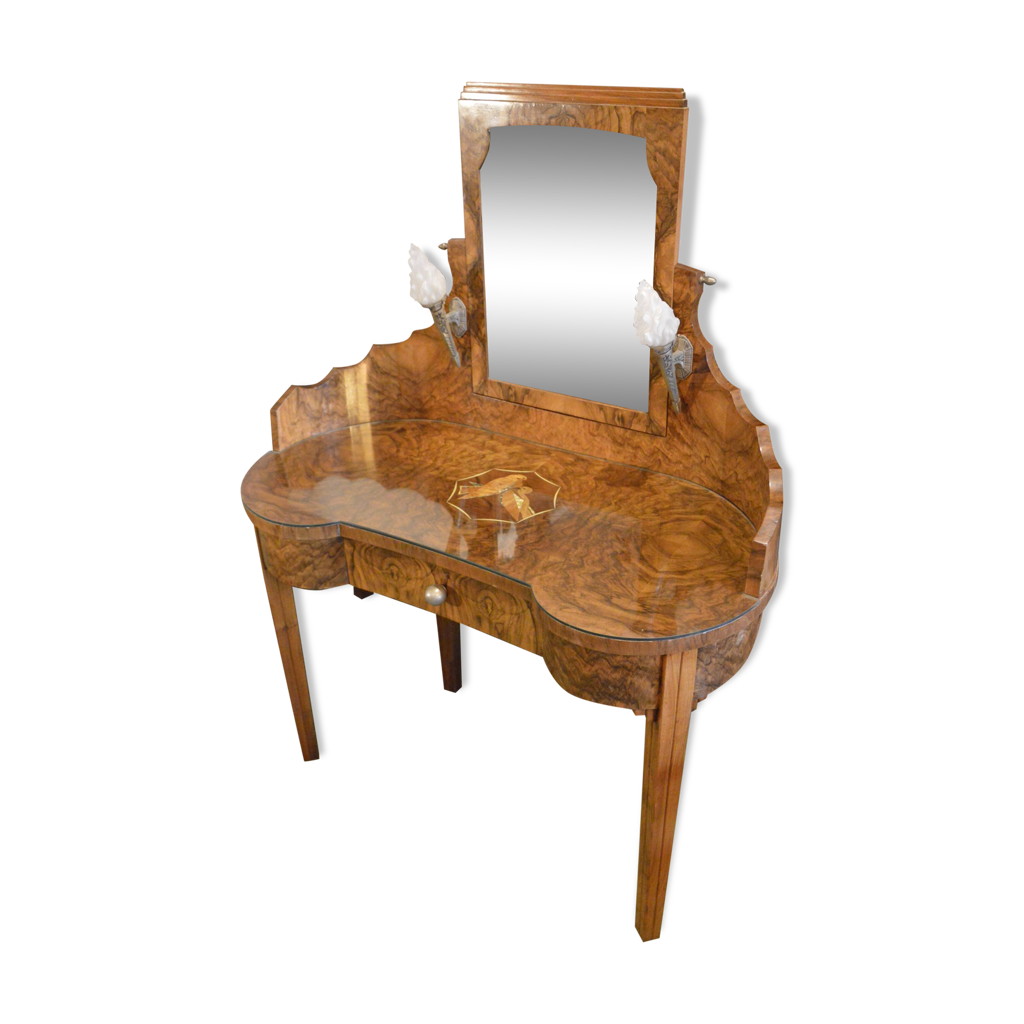 Coiffeuse Art déco en bois à miroir pivotant - Paris - Étiquette d'ori