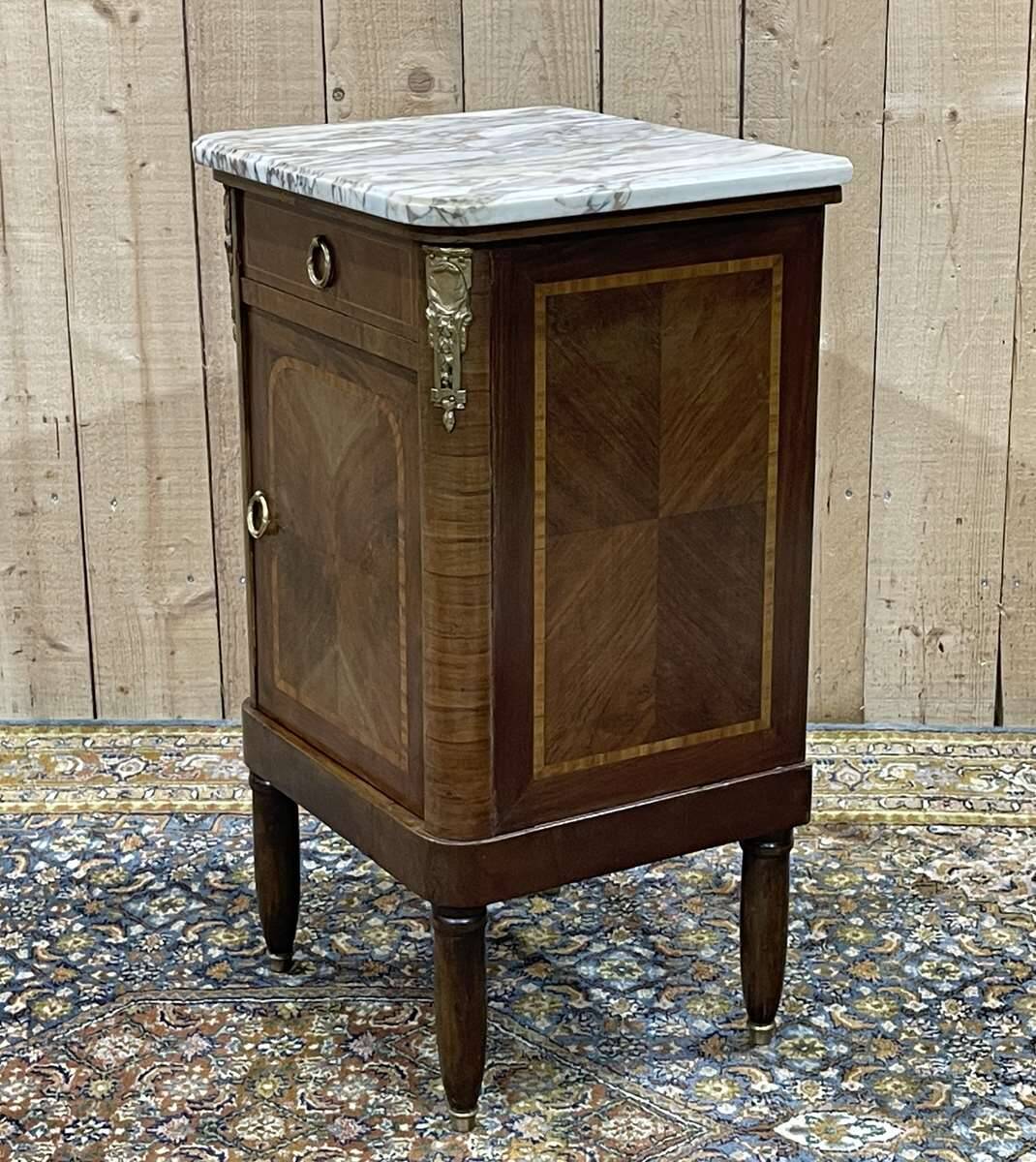 Bedside table in marquetry and white marble top, early 20th century