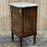 Bedside table in marquetry and white marble top, early 20th century