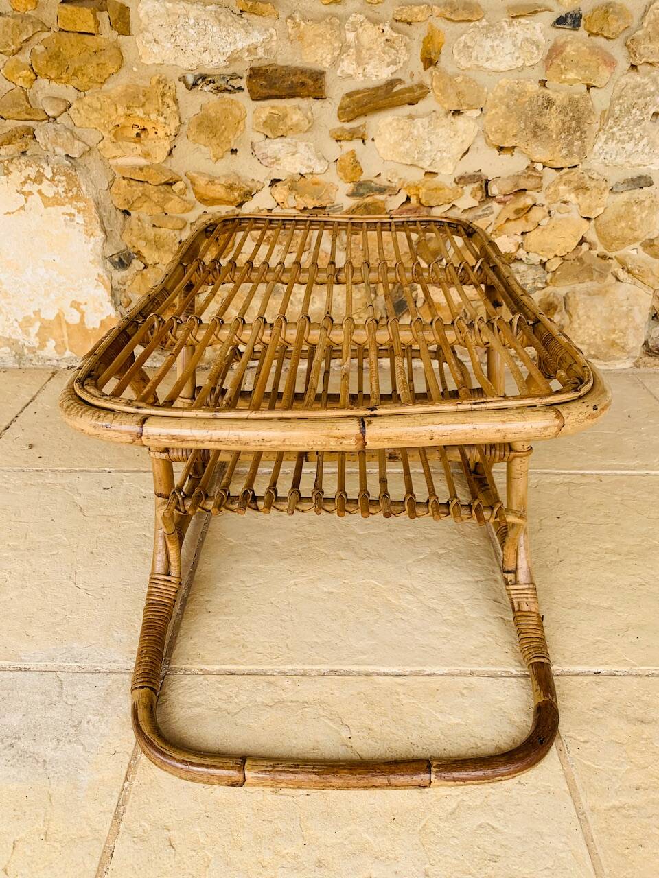 Table basse vintage en bambou et rotin dans le goût de Tito Agnoli, circa 1960