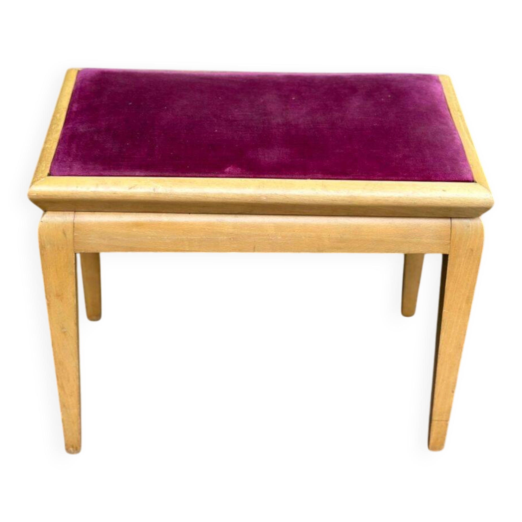 Adjustable piano stool in light beech and purple velvet.