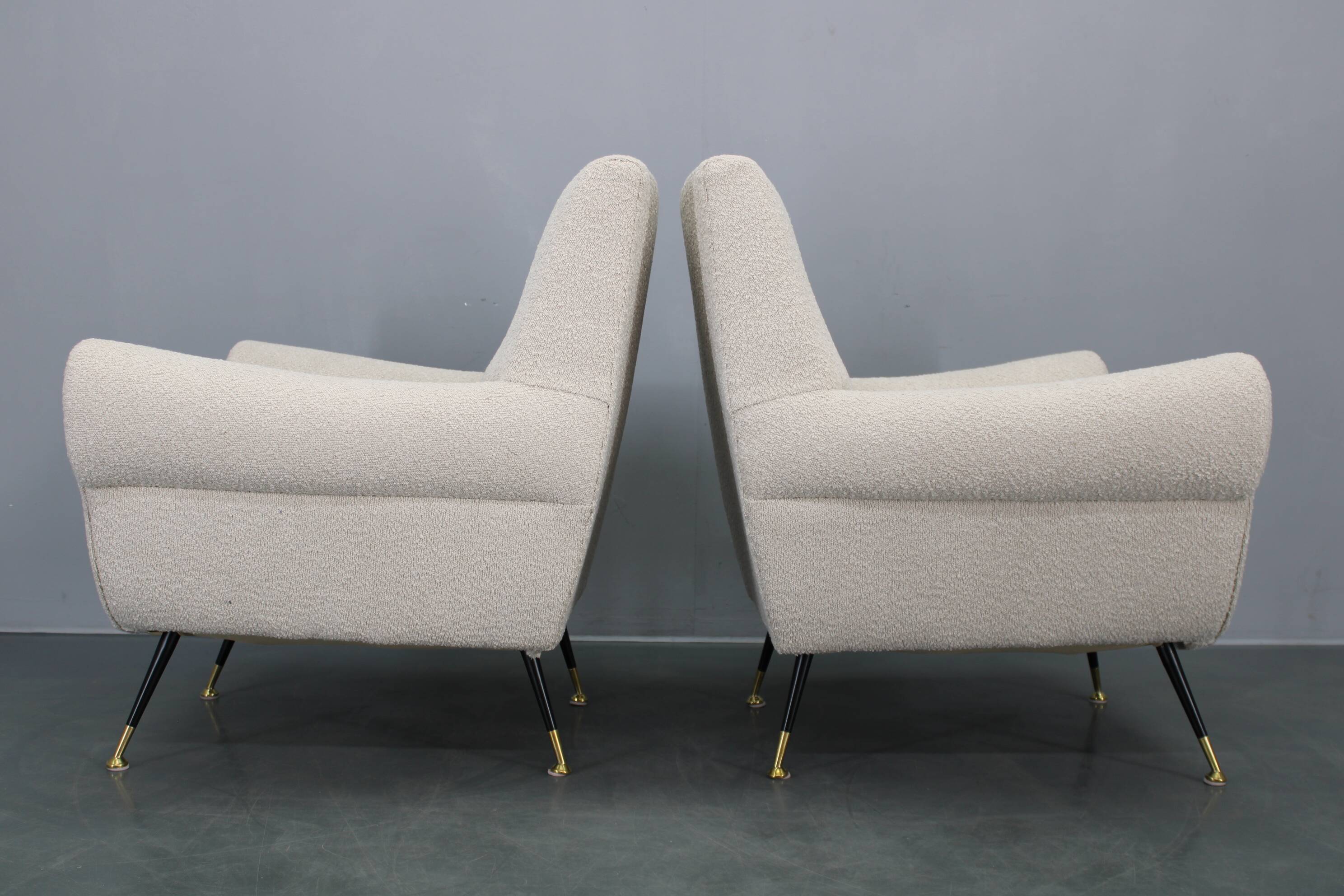 Pair of Italian mid-century boucle armchairs, iron & brass legs, 1950s