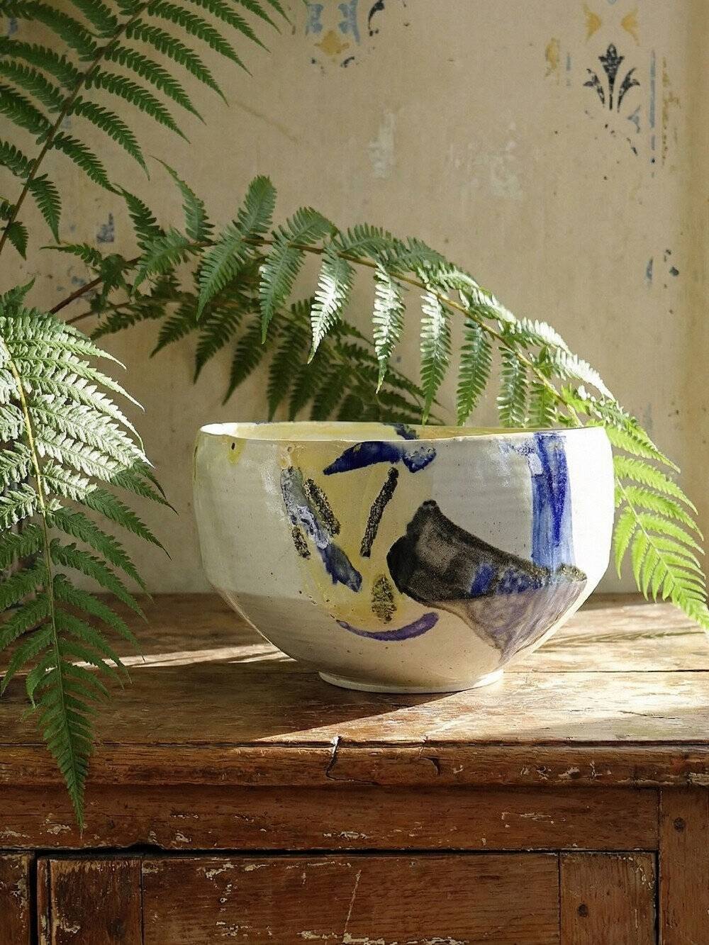 Large hand-turned stoneware salad bowl, signed, vintage from the 80s to 2000s.