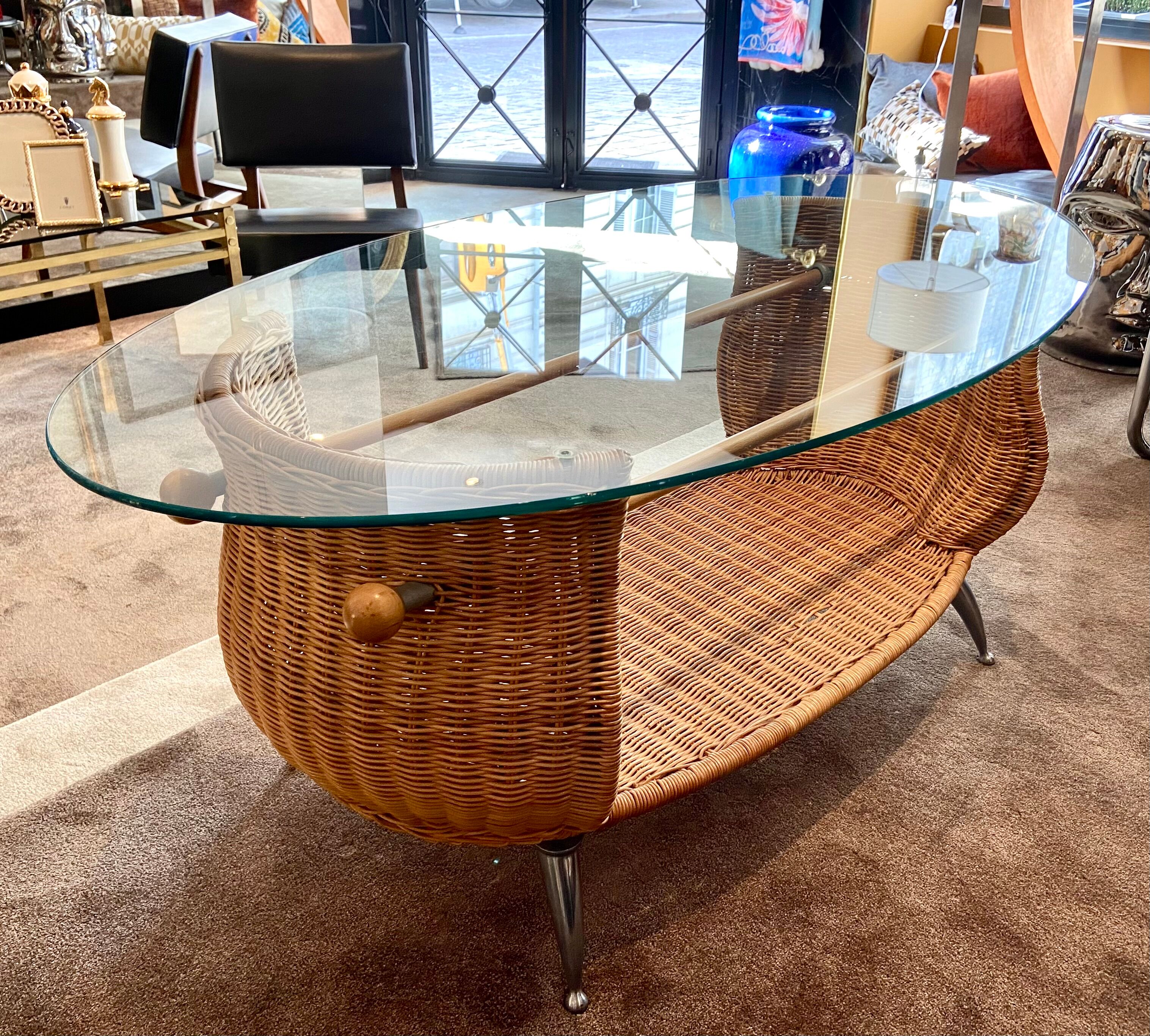 Rattan coffee table, glass top, metal legs, France, 1980