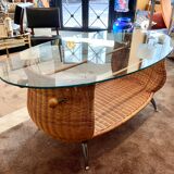 Rattan coffee table, glass top, metal legs, France, 1980