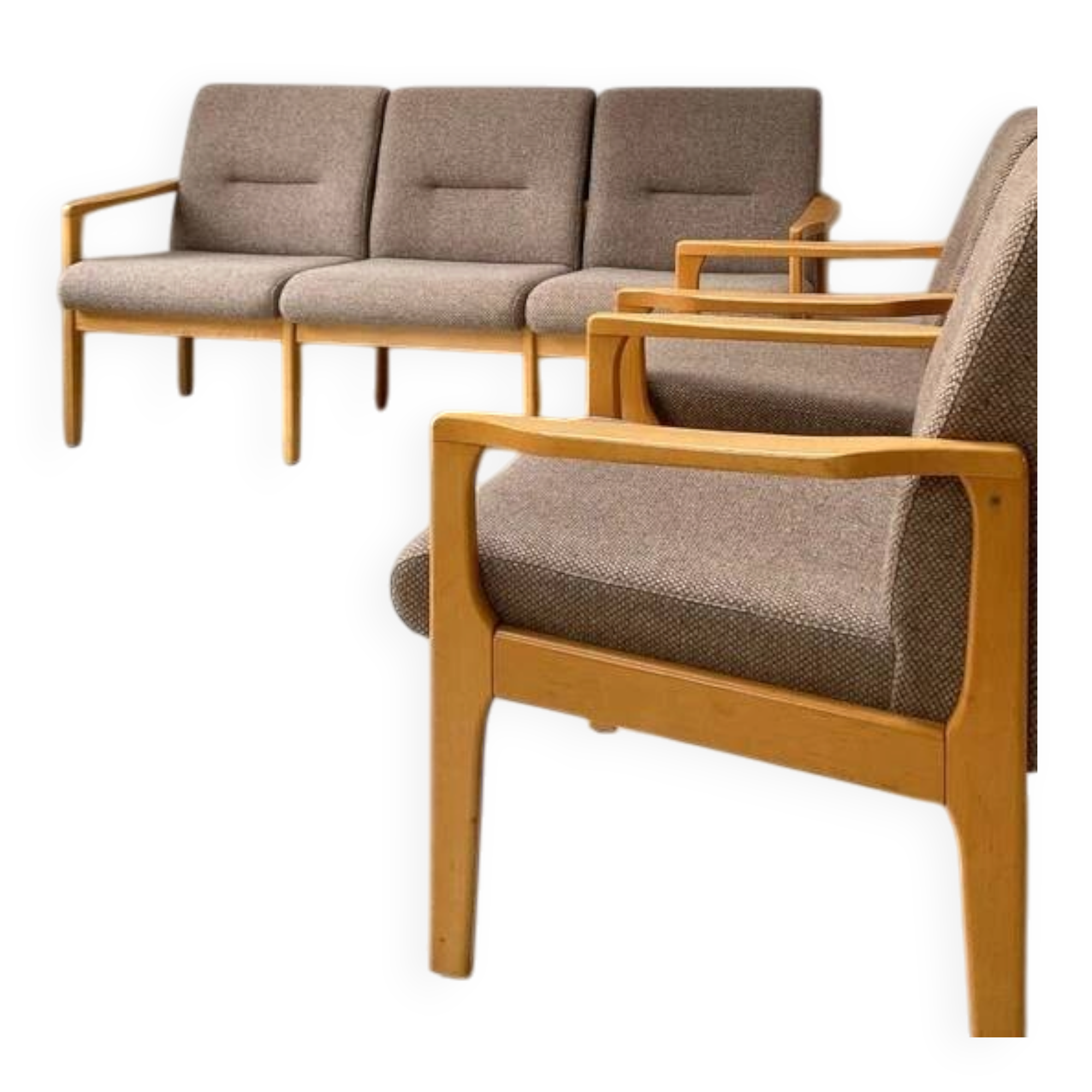 Vintage wooden seating area / sofa and 2 armchairs