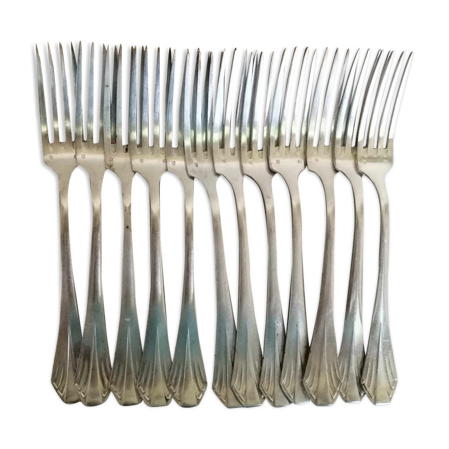 12 Art Deco silver metal bistro forks