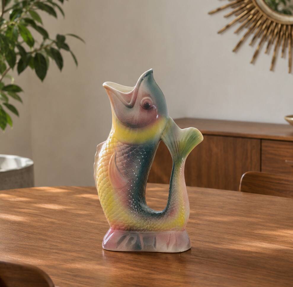 Large antique animal-shaped barbotine vase fish signed KG Lunéville