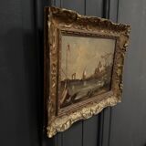 Oil on panel, port scene, late 19th century, gilded frame