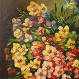 Grande nature morte de fleurs colorées signée 60x50cm