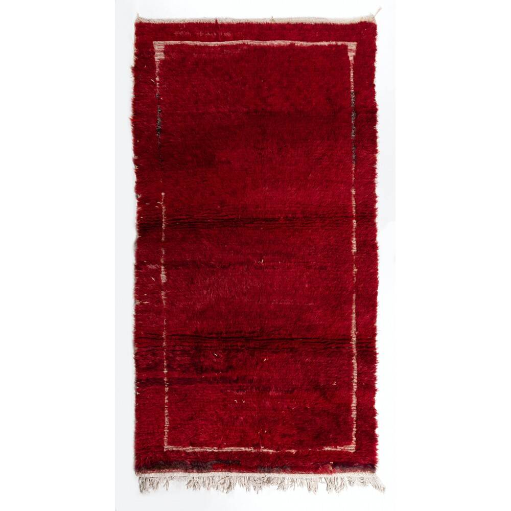 Solid Red Vintage Hand-Knotted Turkish Tulu Rug with Minimalist Ivory Border. 100% Wool
