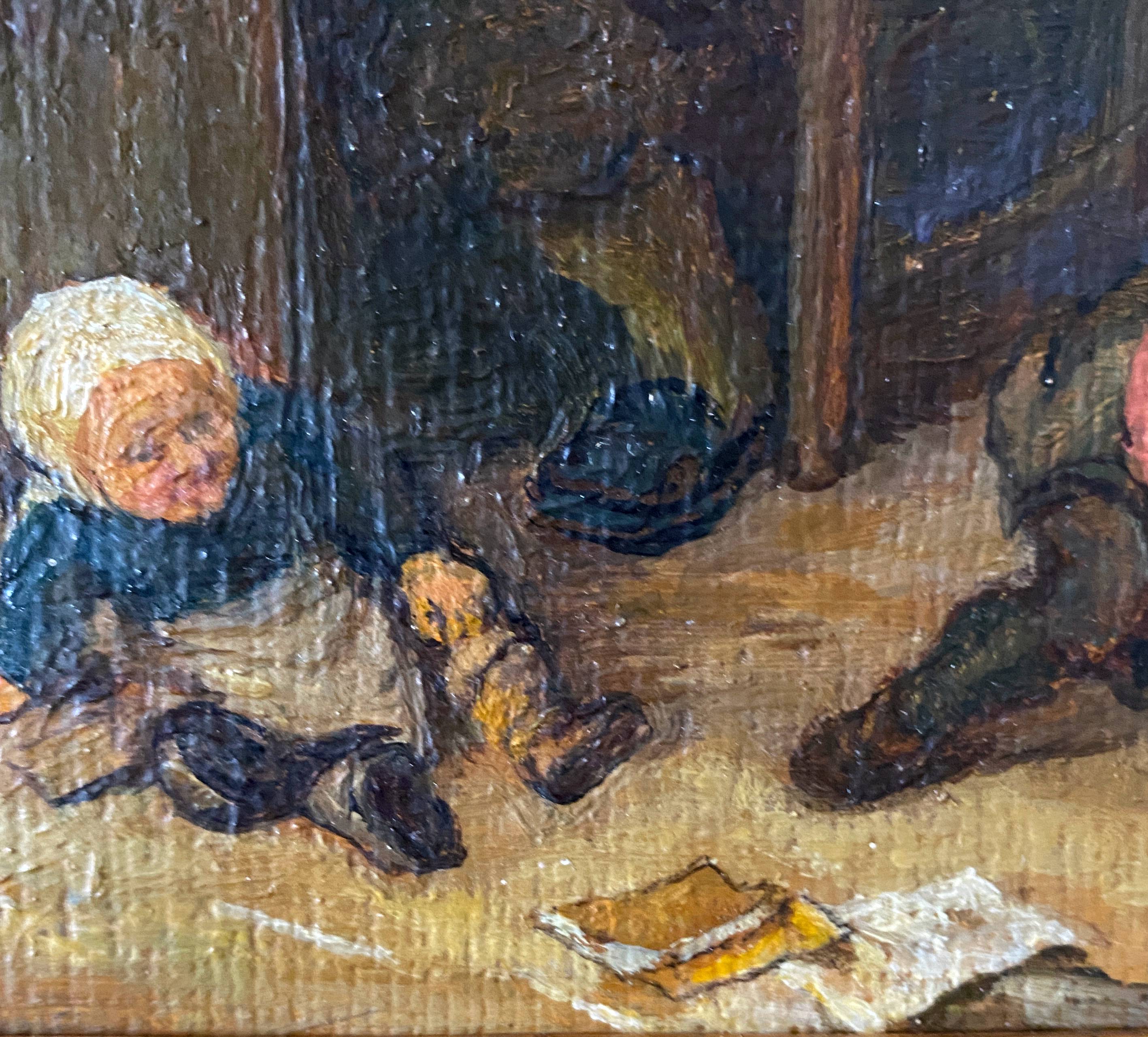 Painting "The schoolmaster" old copy of the Louvre of Mahudez cf. Van Ostade