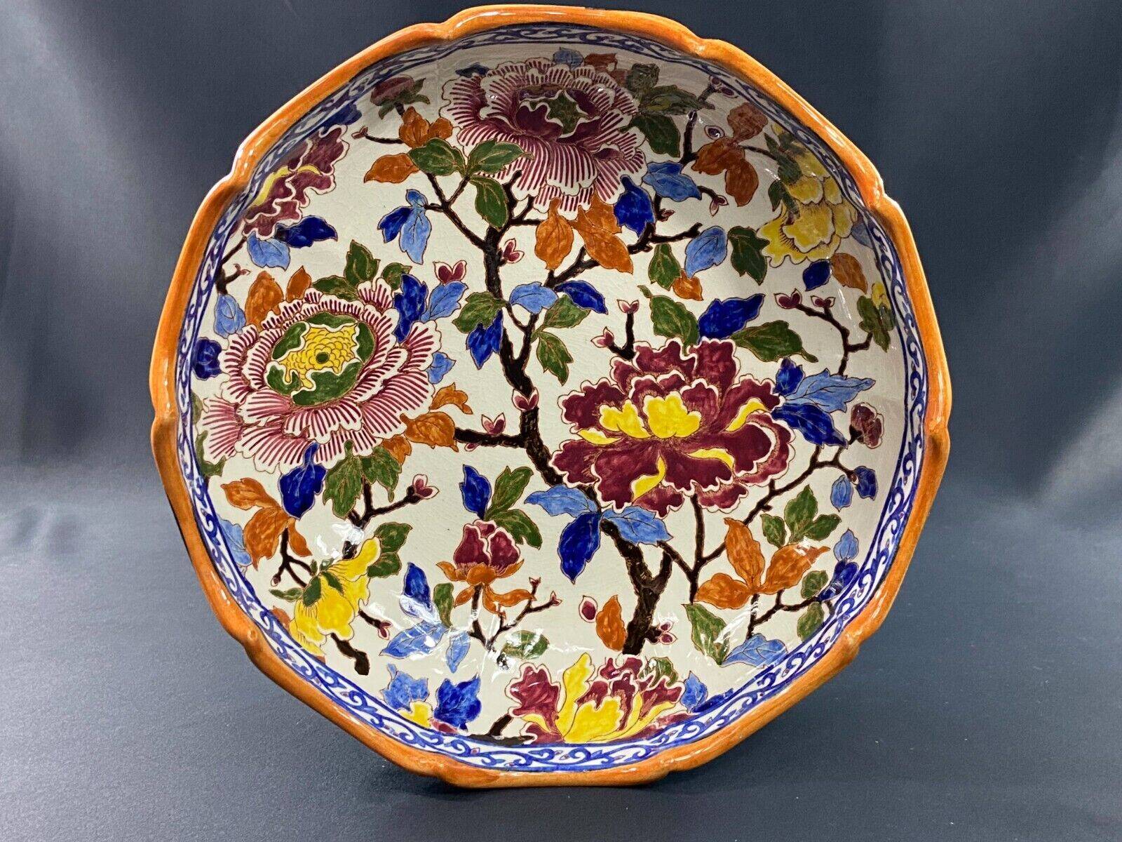 Deep dish, centerpiece, melonnière bowl in Gien earthenware, Peonies decor