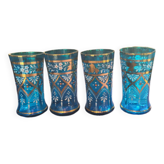 4 grand verres anciens émaillés bleu