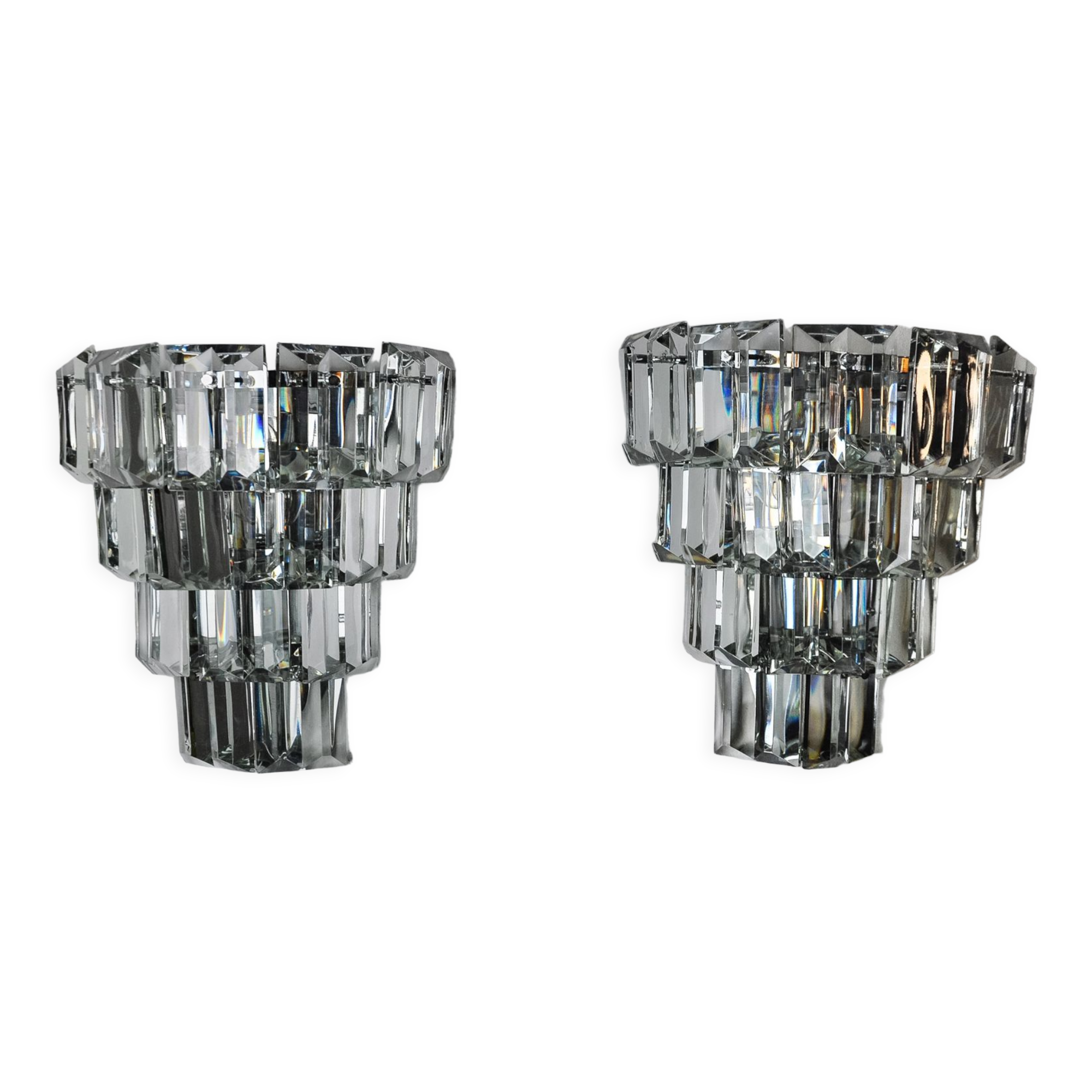 Pair of kinkeldey wall lamps, 4 levels, cut crystals germany, 1970