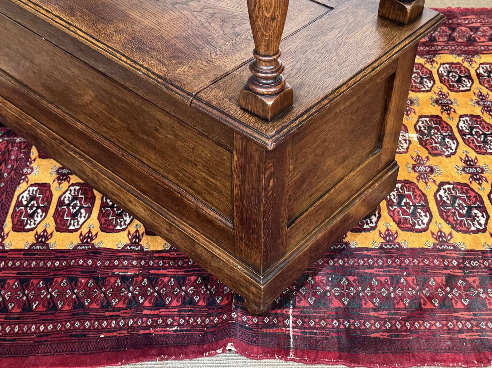 English oak bank safe from the 1930s that can serve as a console.