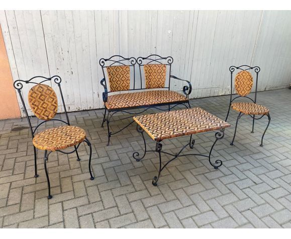 Set of vintage garden furniture sofa wrought iron and wicker, chairs & coffee table vintage 1980