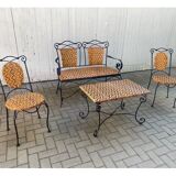 Set of vintage garden furniture sofa wrought iron and wicker, chairs & coffee table vintage 1980