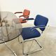 Pair of Marcel Breuer B64 Knoll armchairs in blue fabric.