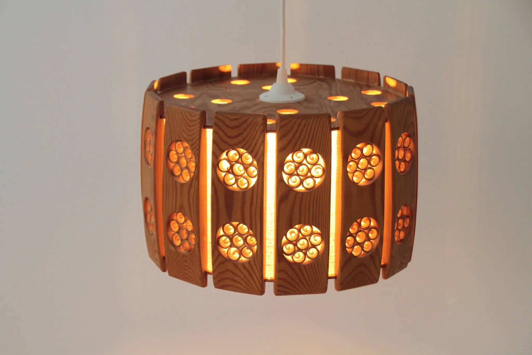 Pine Pendant Lamp with Rolled Wood Curl Rosettes – Sweden, 1970s