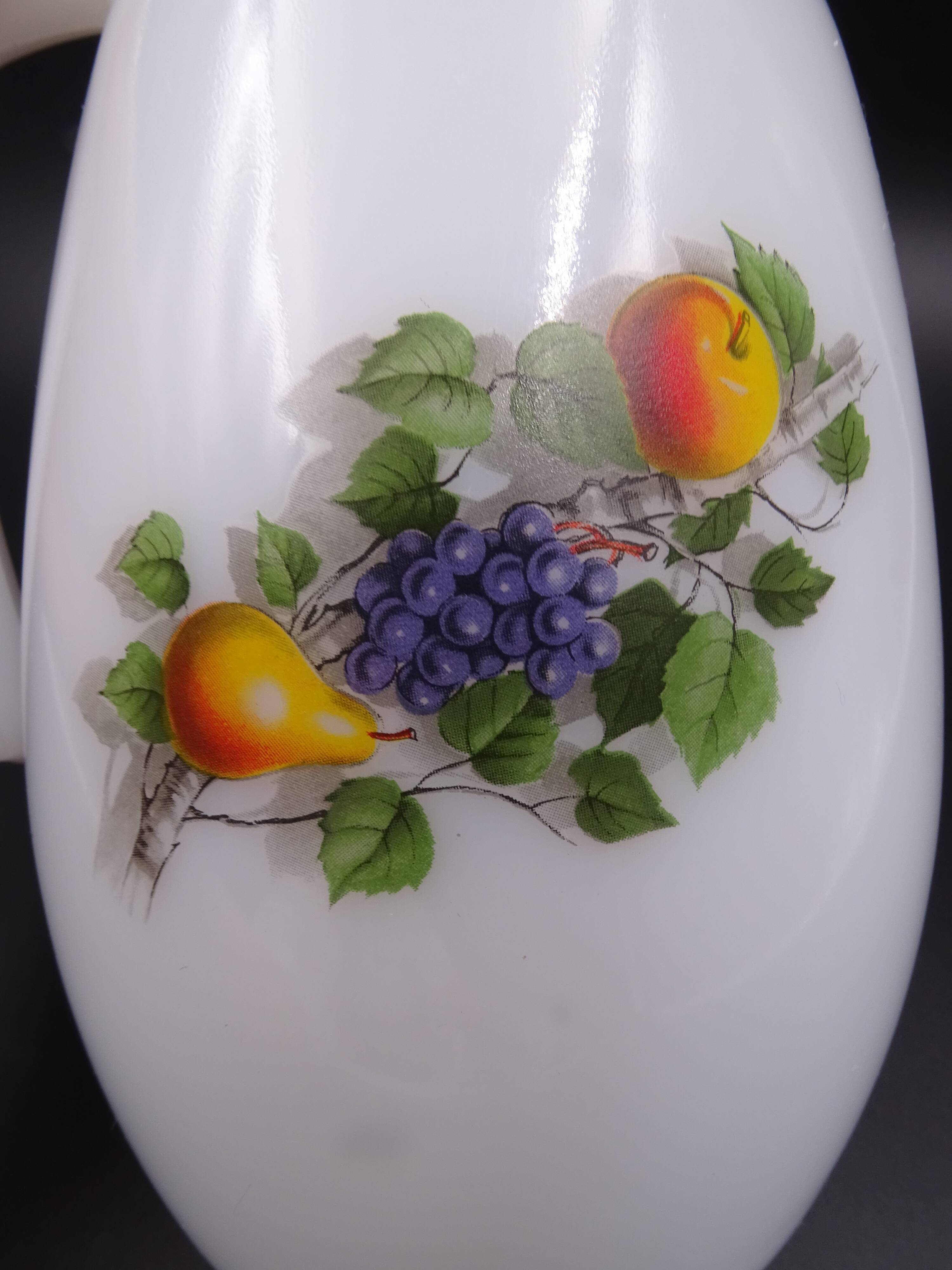 Pitcher or broc in opaline Arcopal fruit décor 1970