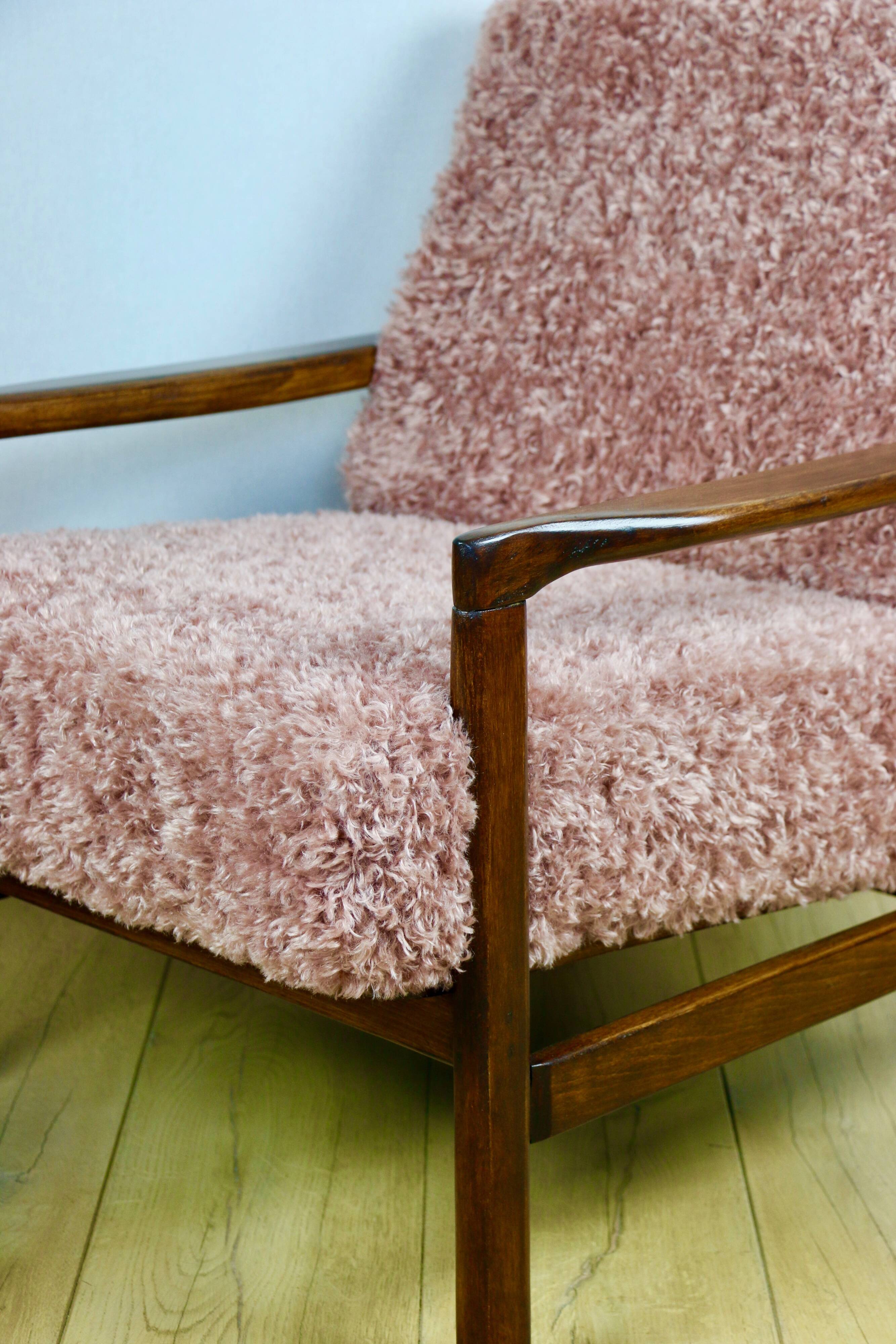 Wooden vintage brown armchair pink long hair proj. Z. Bączyk - 2 pieces available