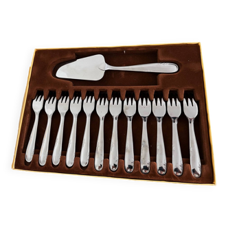 Box of 12 stainless steel forks and 1 dessert server