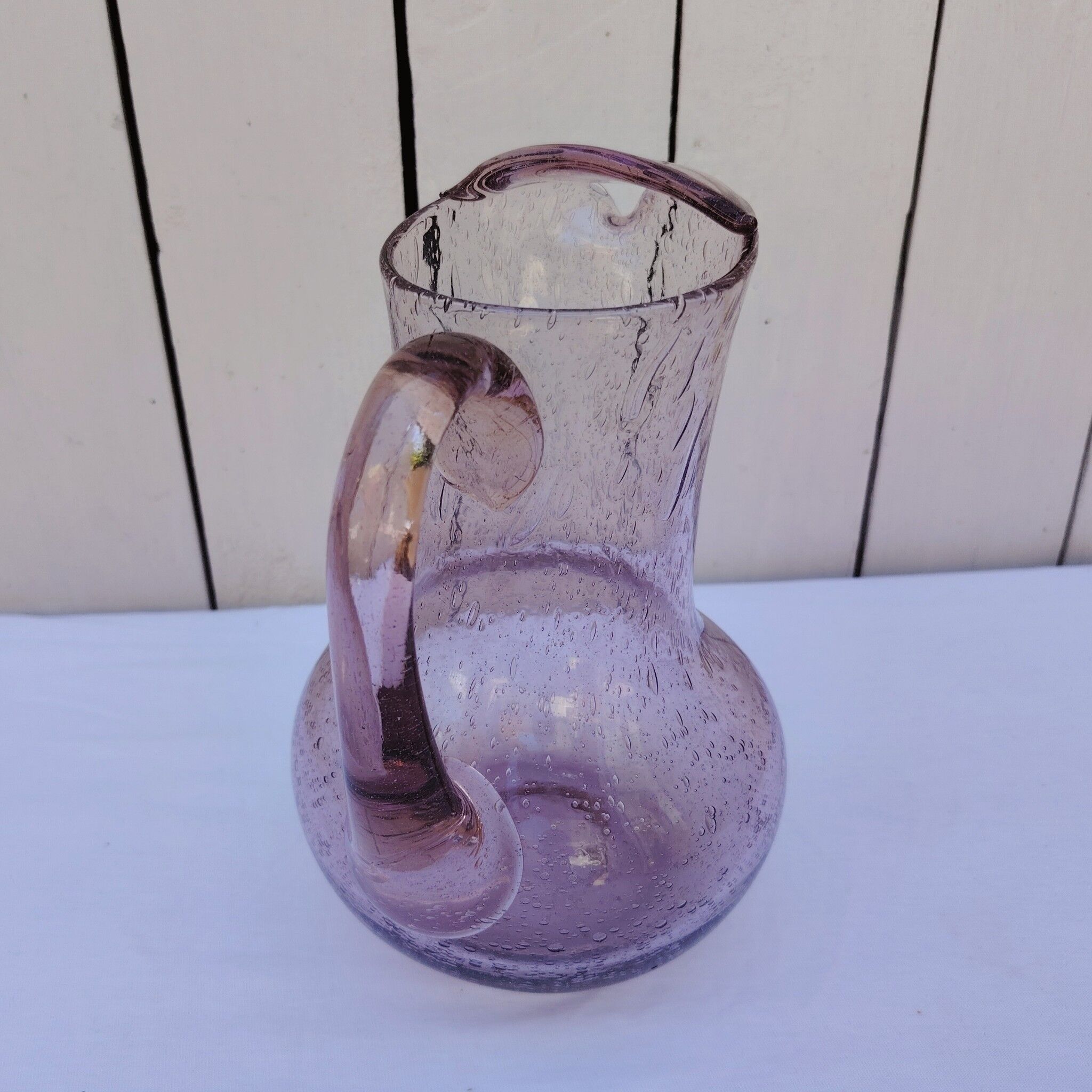Blown glass pitcher with bubbles, Biot glassware style, vintage.
