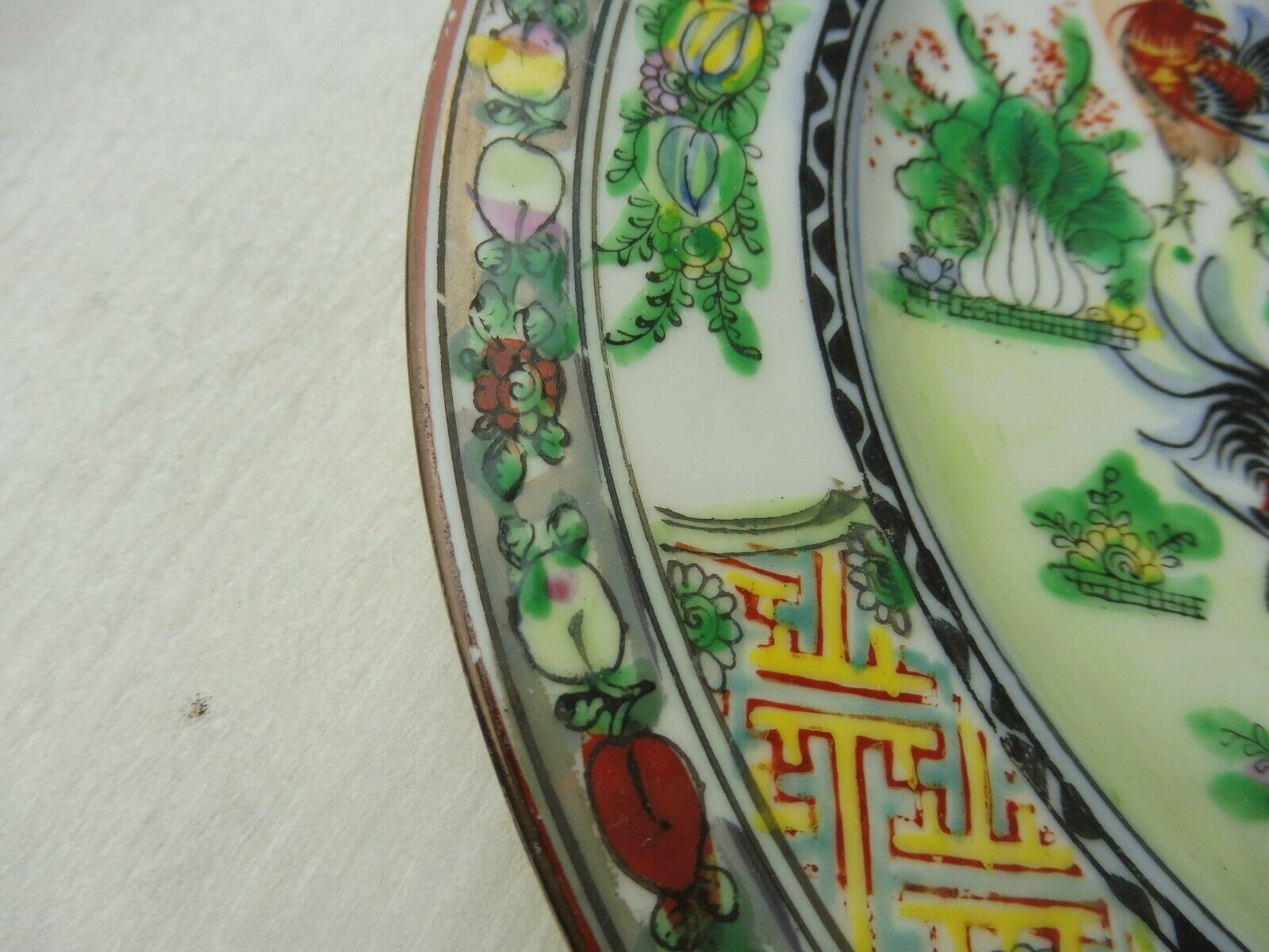 Lot of old Chinese porcelain plates, 5 roosters decoration, stamp, 19th