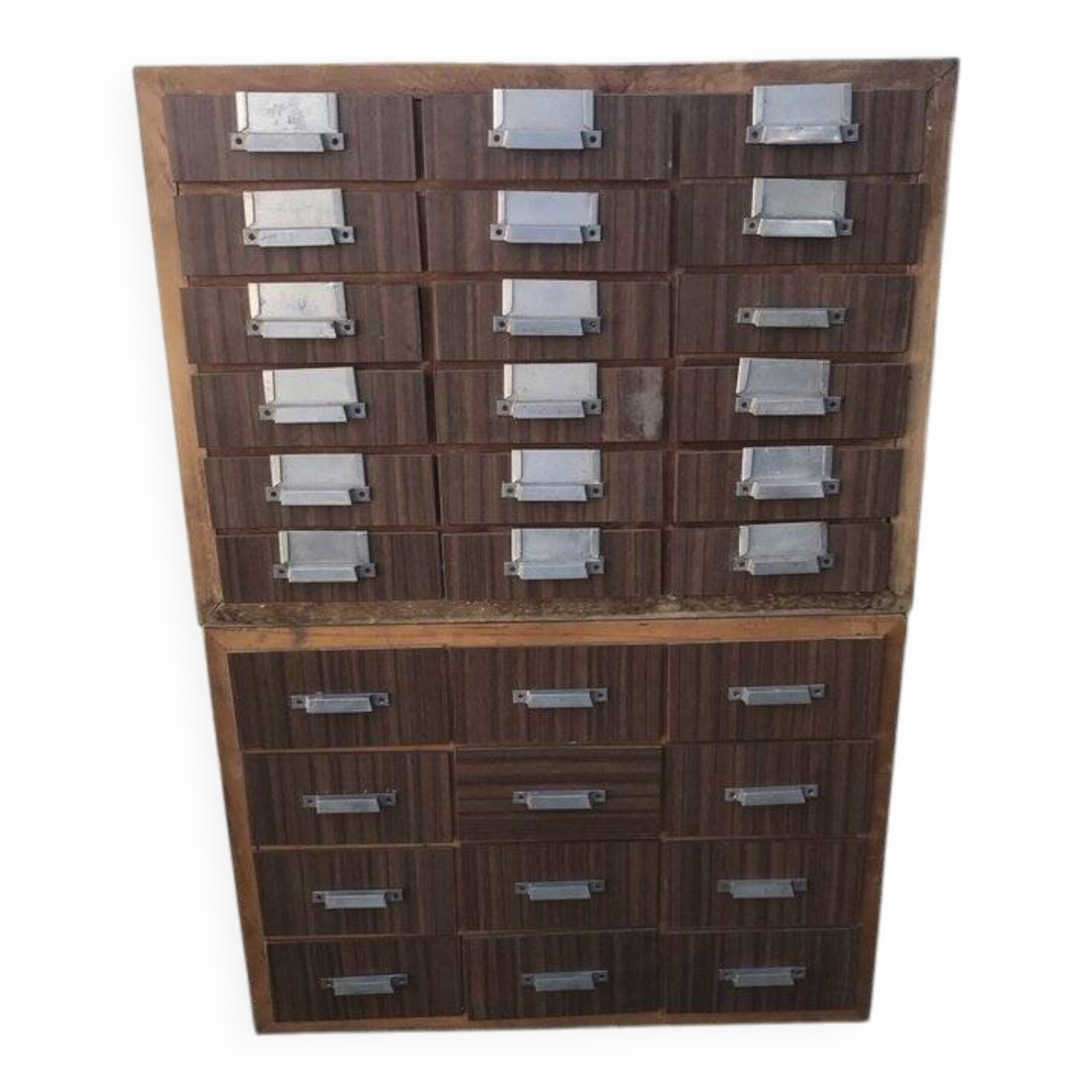 Brown wooden industrial wardrobe, multiple drawers, 1950s, workshop storage, Czech Republic.