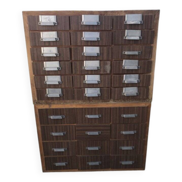 Brown wooden industrial wardrobe, multiple drawers, 1950s, workshop storage, Czech Republic.
