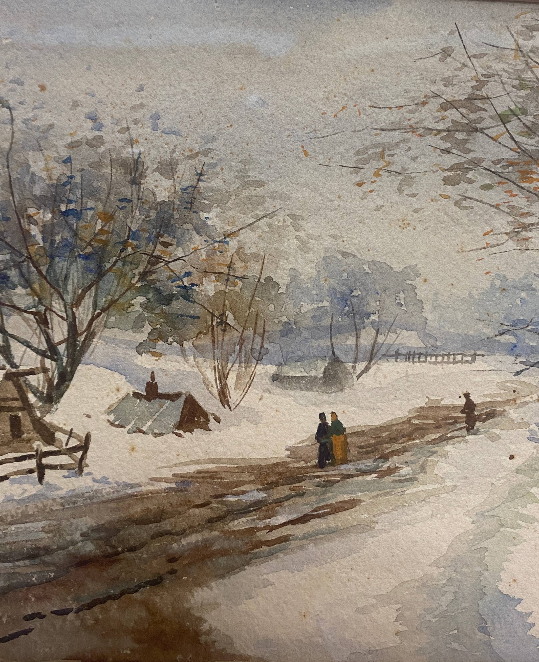 Old watercolor painting "Snow landscape" + frame