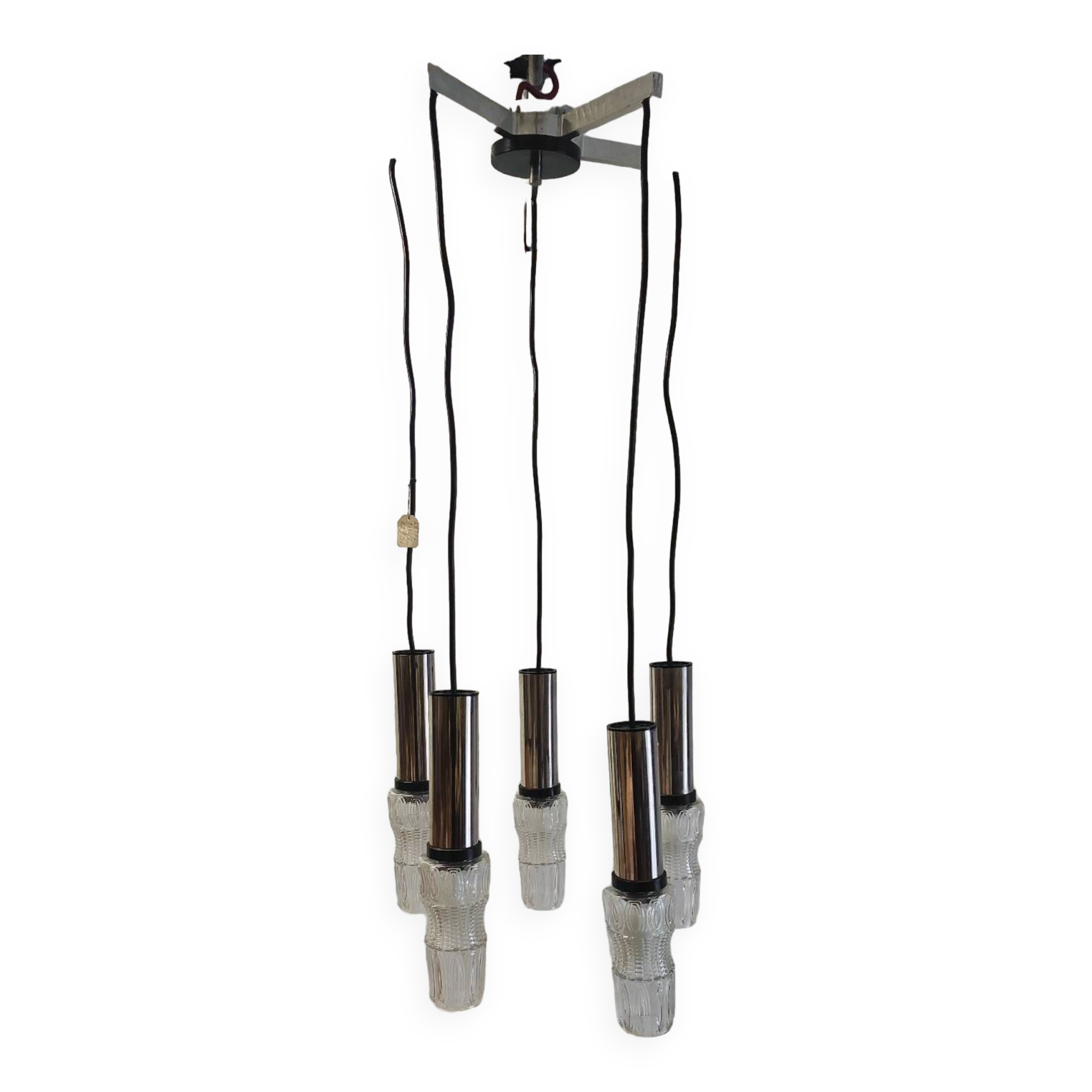 5-light chrome metal and molded glass pendant light - 70's